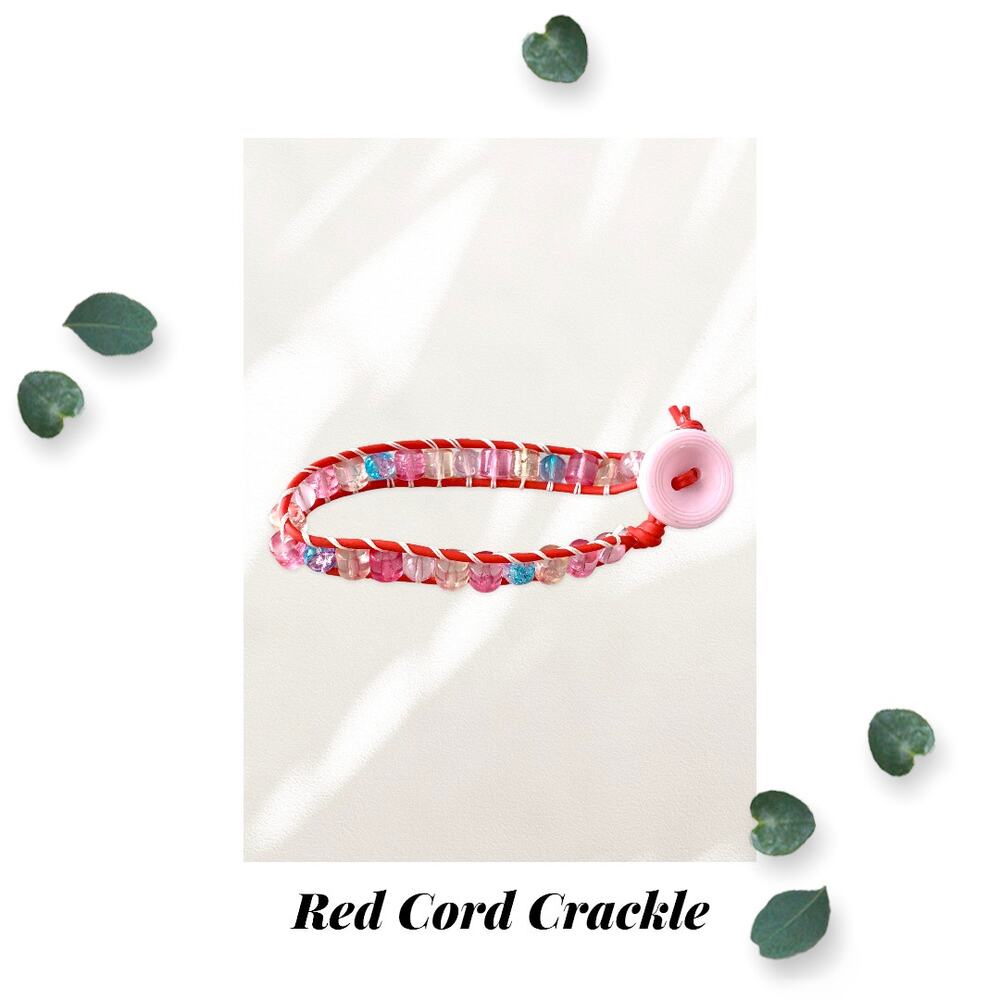Pink Orange Red Crackle Glass Red Wrap Bracelet - Single Wrap - Pink Button